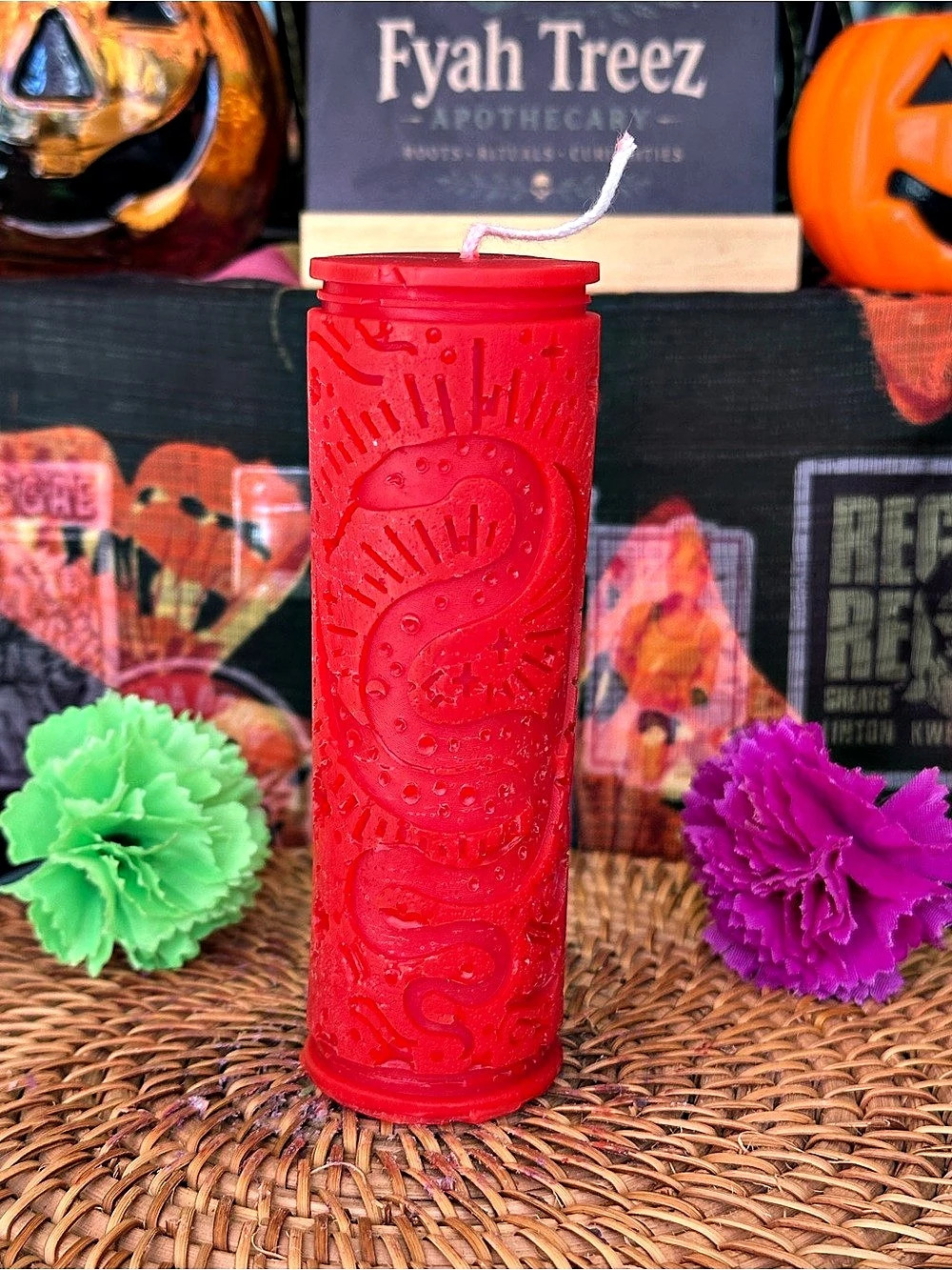 Red Snake Pillar Candle – Serpent & Celestial Design
